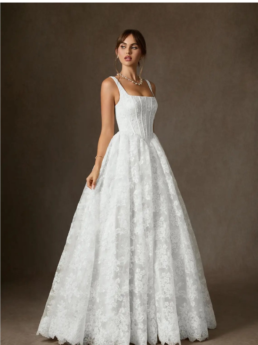 Azazie White Lace Ball Gown with Square Neck